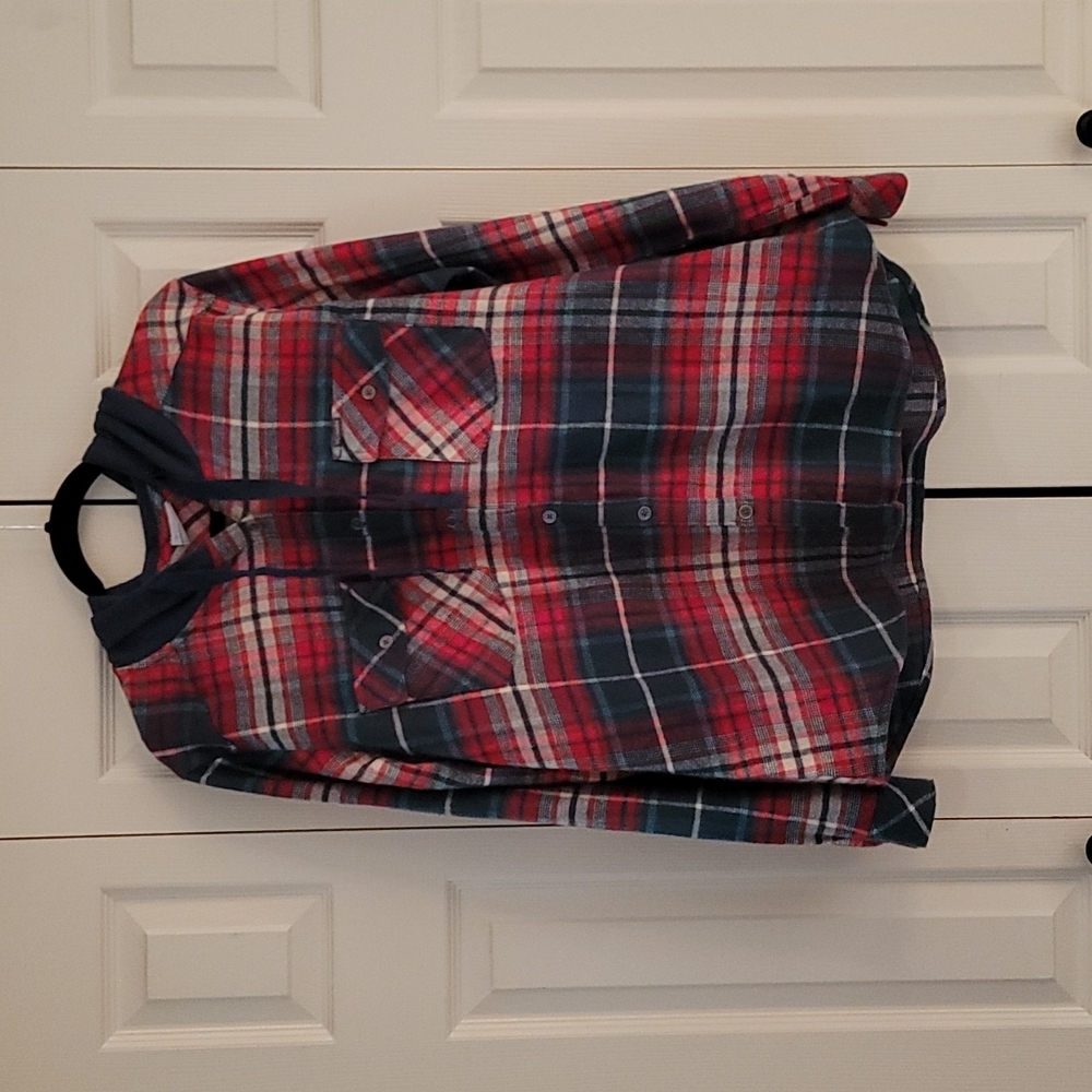 Columbia men's size XL red plaid flannel button front shirt with hood